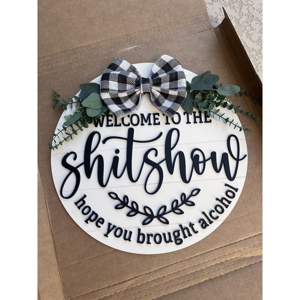 Welcome to the Shitshow Wooden Front Door Sign Funny‎ Round Wreaths Hanging Wood